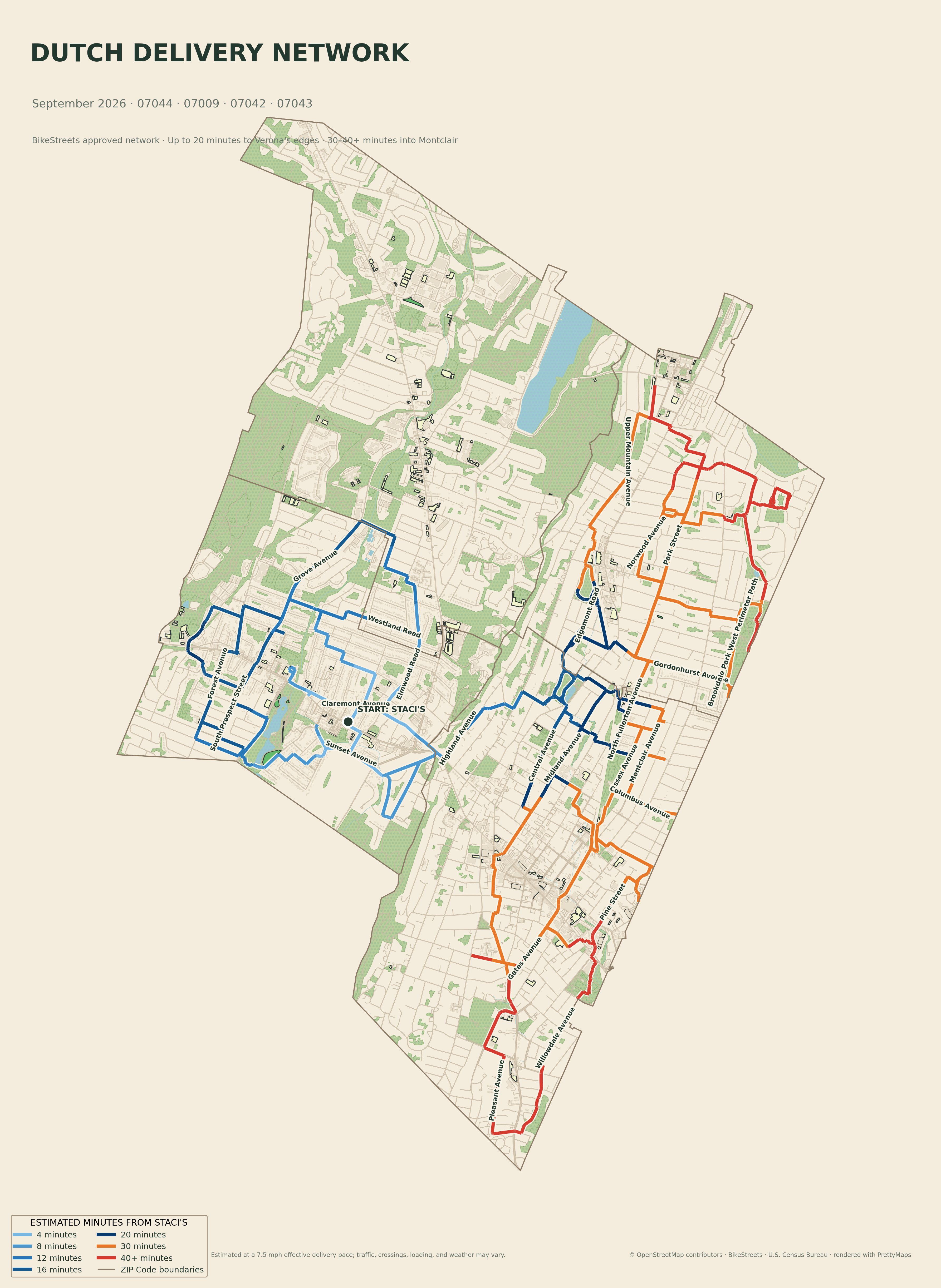 Estimated delivery times from Staci's across the Dutch Delivery Network in ZIP codes 07044, 07009, 07042, and 07043