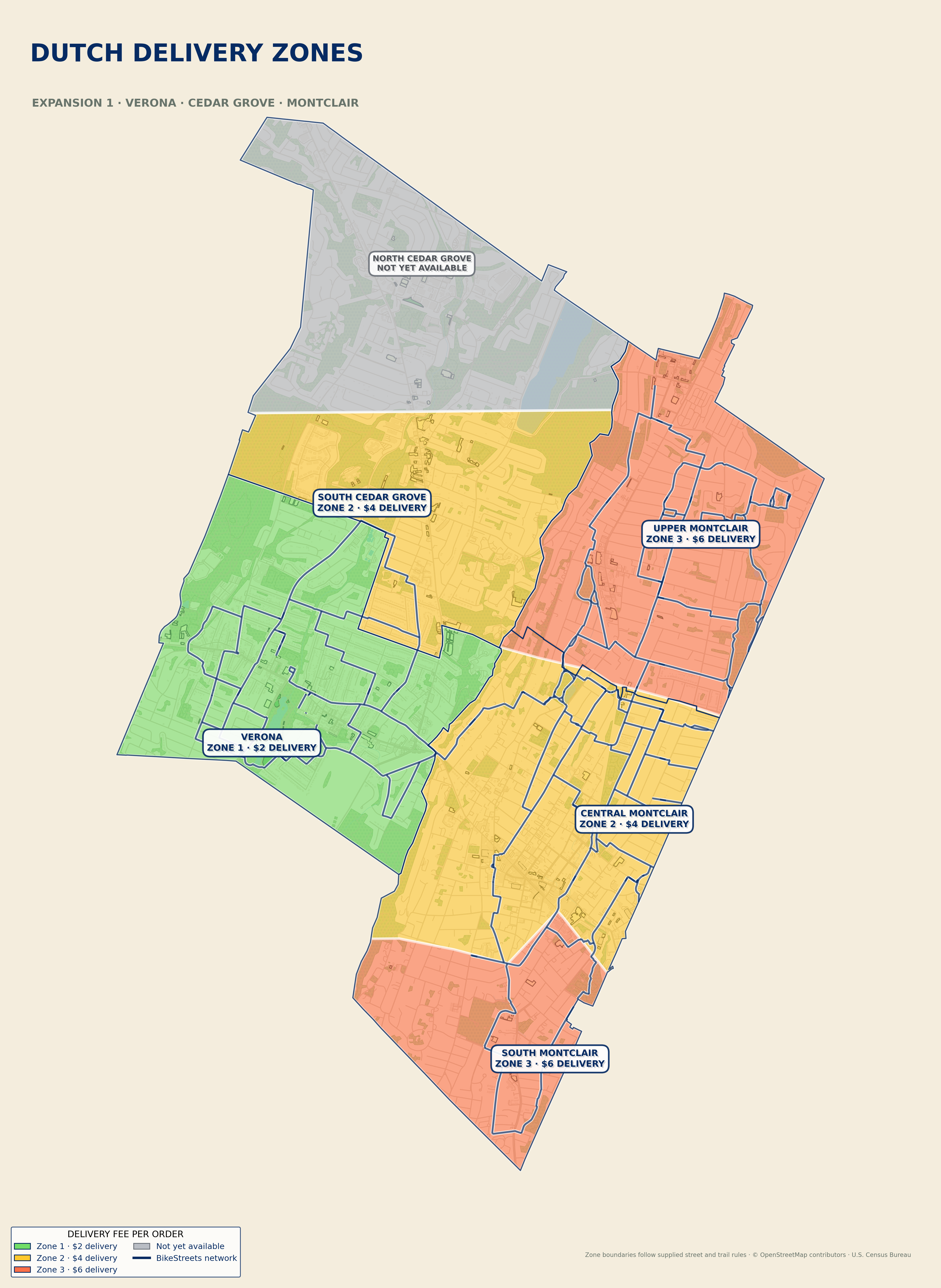 Dutch Delivery zones and per-order delivery prices across Verona, South Cedar Grove, and Montclair