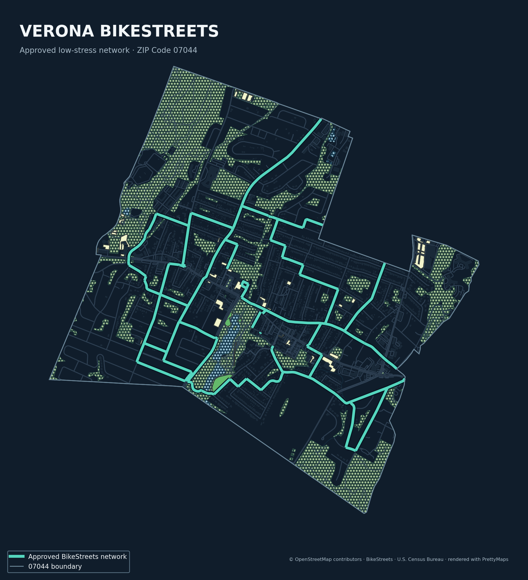 Night Ride map of the approved BikeStreets network in 07044